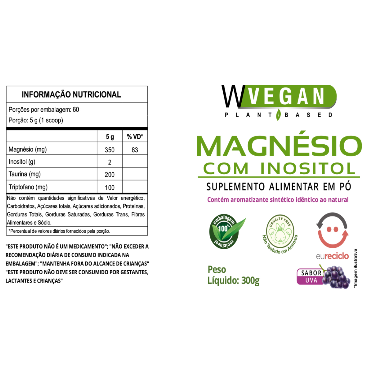 Magnesio com Inositol 300g Sabores Uva ou Camomila com Lavanda WVegan - Imagem 4